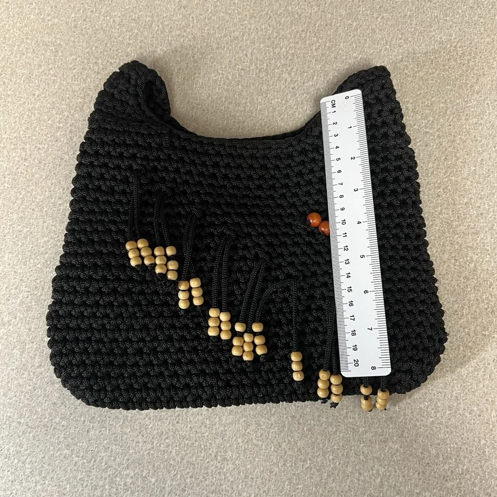 Black Crochet Knit Hobo Sack Beaded Handbag Flower Purse Zip‎ And Inside Pocket